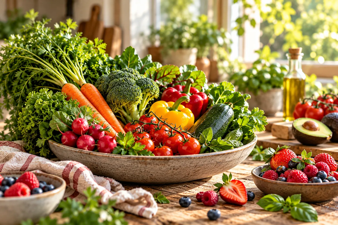 Bunte Auswahl aus Gemüse, Obst und Beeren in einer Schale
