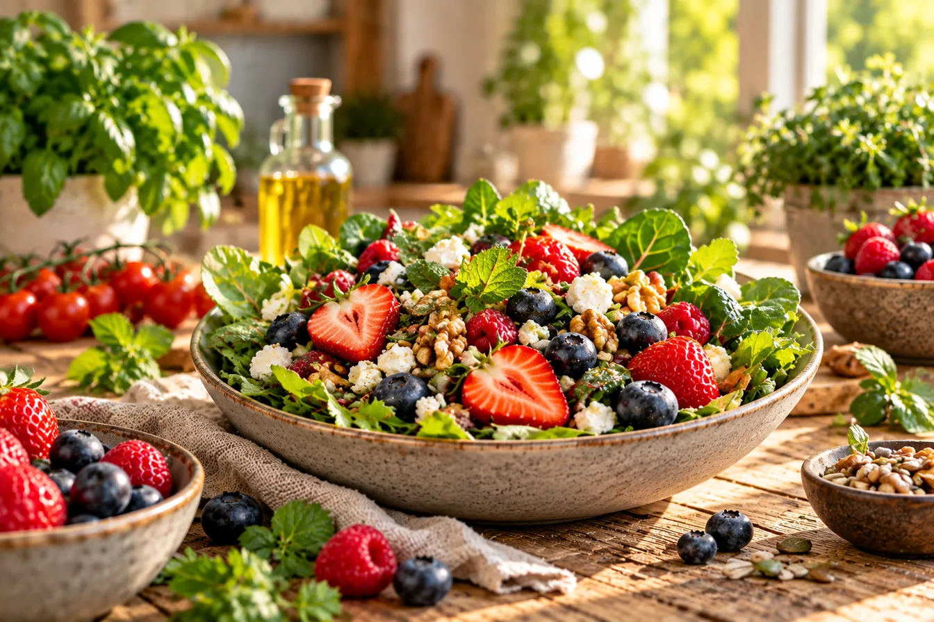 Salat mit Beeren, Nüssen und frischen Blättern