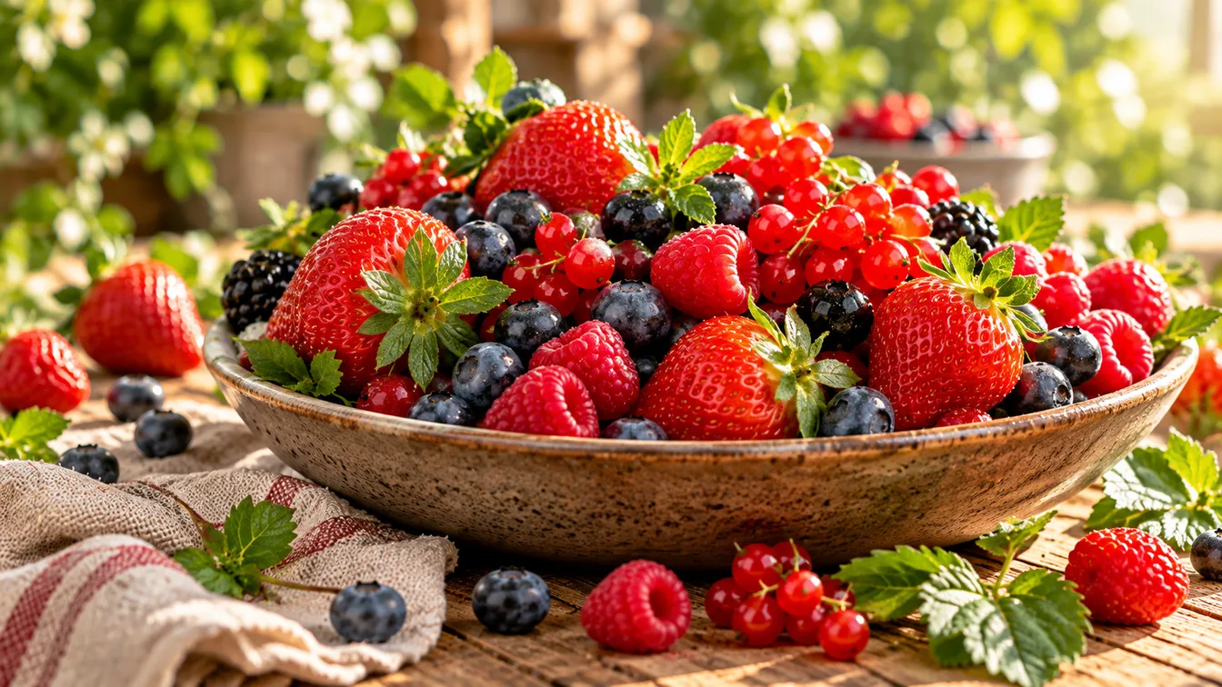 Frische Erdbeeren und Beeren in einer Schale
